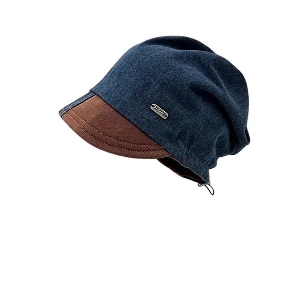 Denim Patchwork Small Brim Drawstring Beanie Hat … - image 1